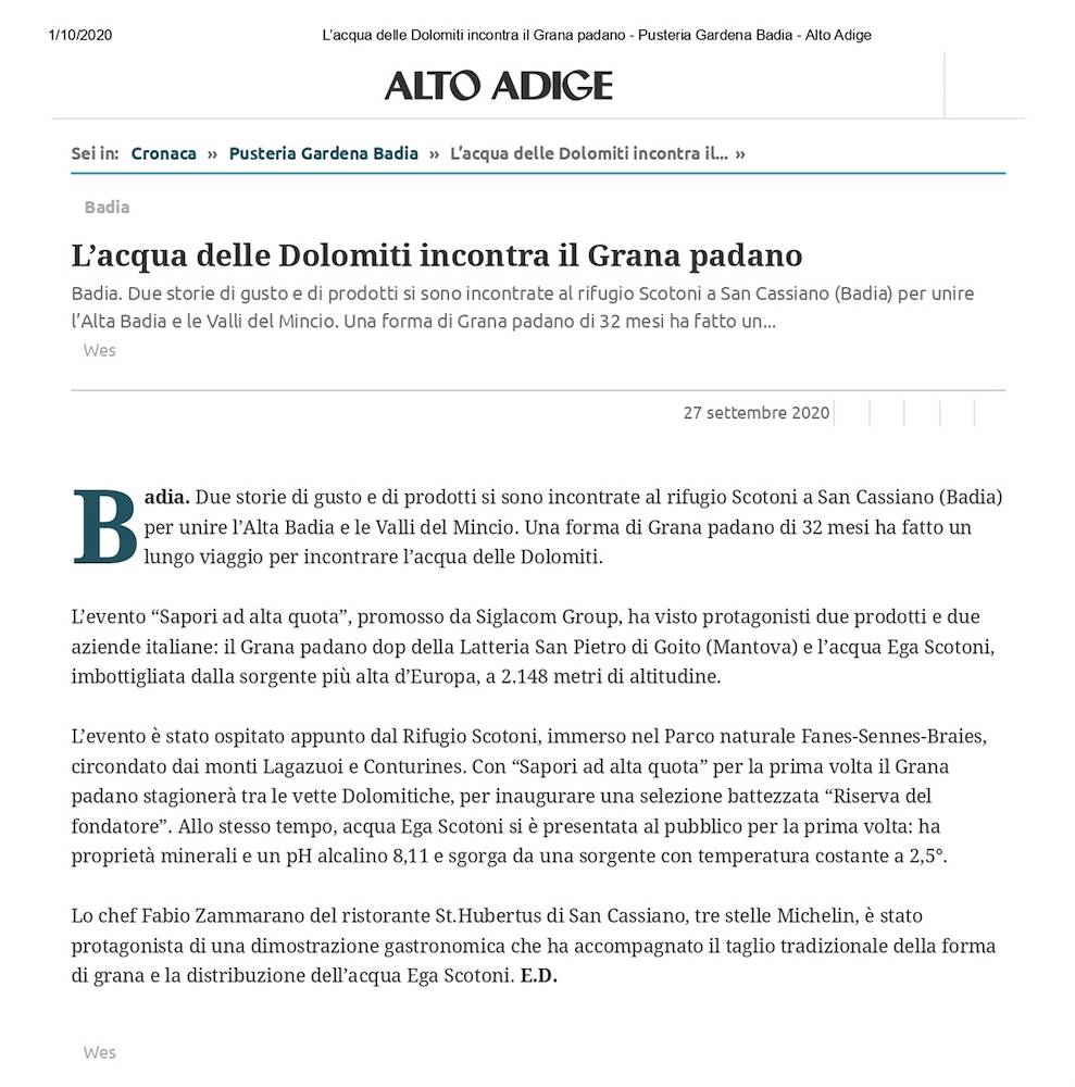 L’acqua delle Dolomiti incontra il Grana padano