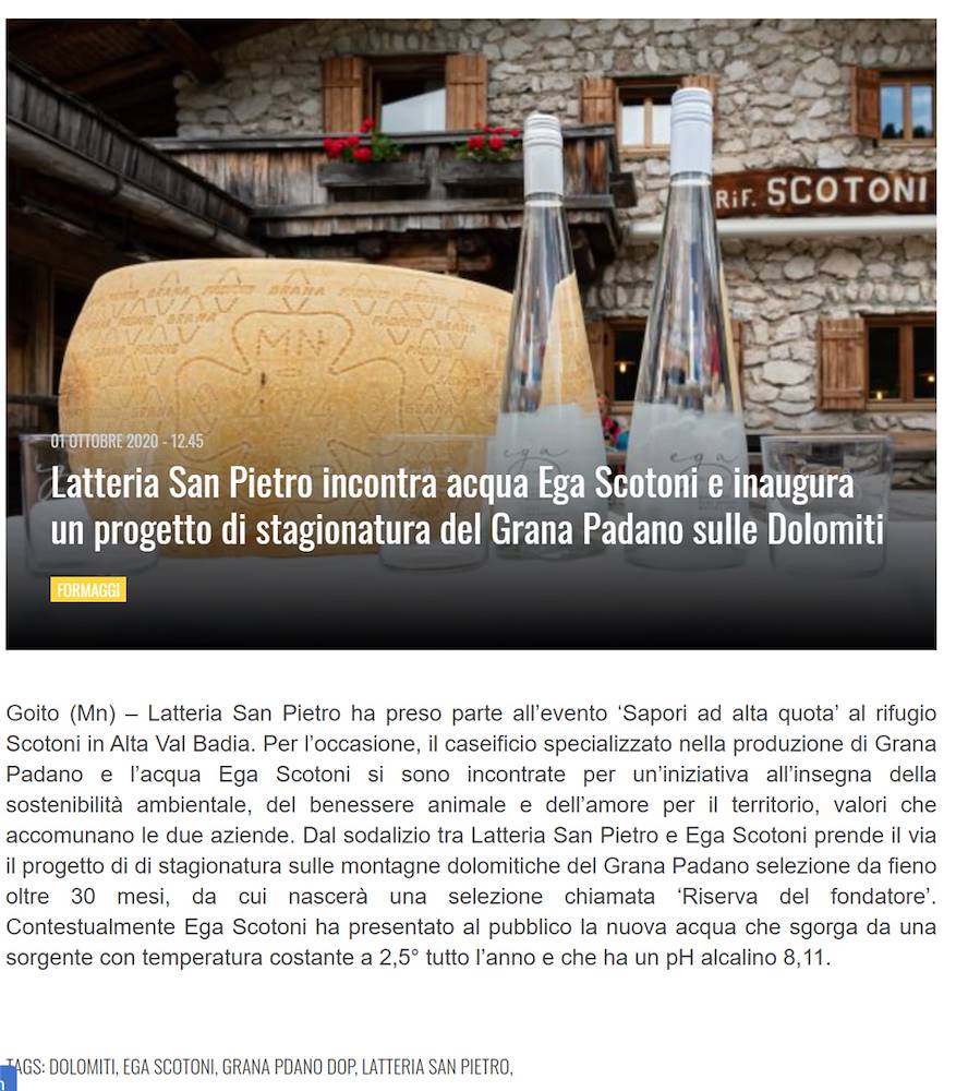 Latteria San Pietro incontra acqua Ega Scotoni e inaugura un progetto di stagionatura del Grana Padano sulle Dolomiti